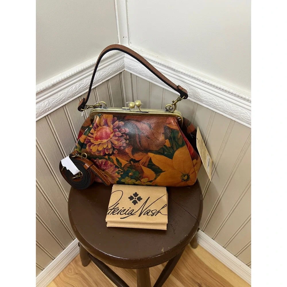 Patricia Nash Floral Leather Kiss Lock Satchel Bag Multi Color Vintage Style NEW